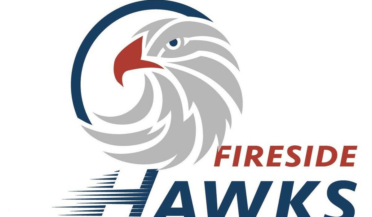 Hawks head logo in Fireside school colors of red and blue