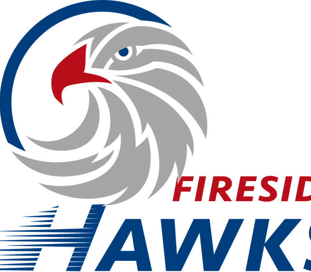 Fireside Hawks Logo with a silver hawk head and red beak.